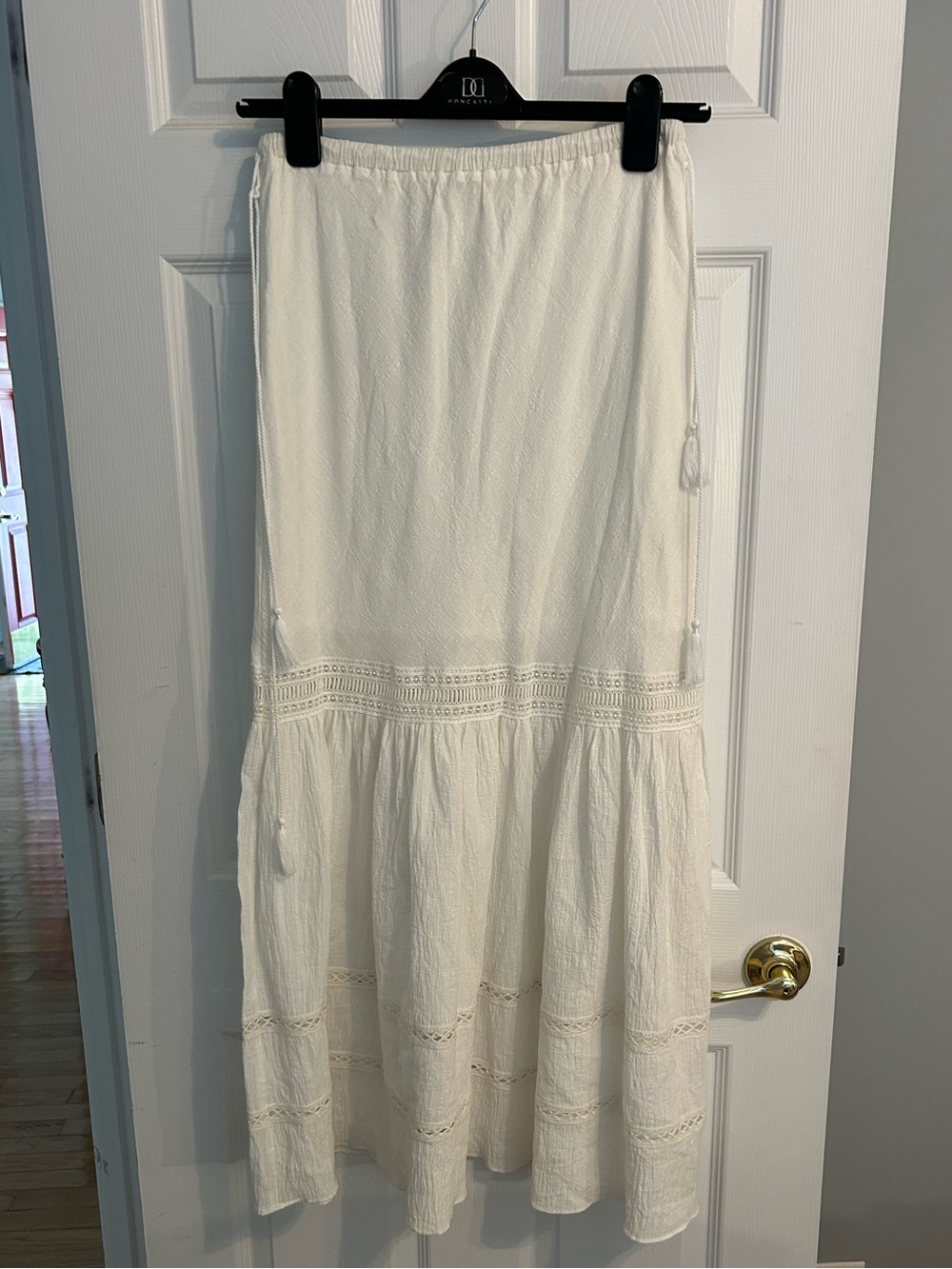 Sophie Max Off White Maxi Skirt with Tassel Drawstring Sides